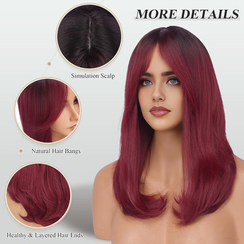 FESHFEN باروكات مع غرة للنساء، باروكة شعر صناعية طبيعية المظهر بلون أومبري أحمر نبيذي طويلة ومصففة بشكل طبقات للشعر المستقيم للنساء للاستخدام اليومي والحفلات، 18 بوصة - Image 2